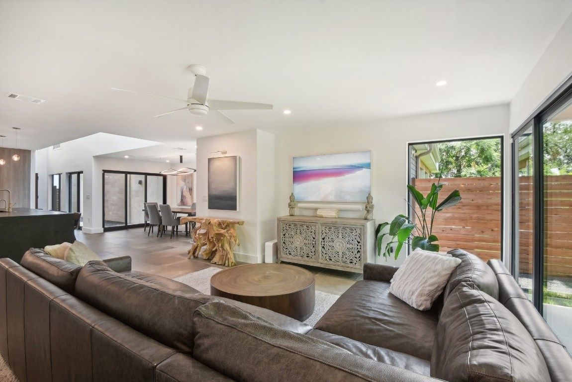 Dining room, Interior, Living room, Pendant Lights, Recessed Lighting, Wood Texture Flooring