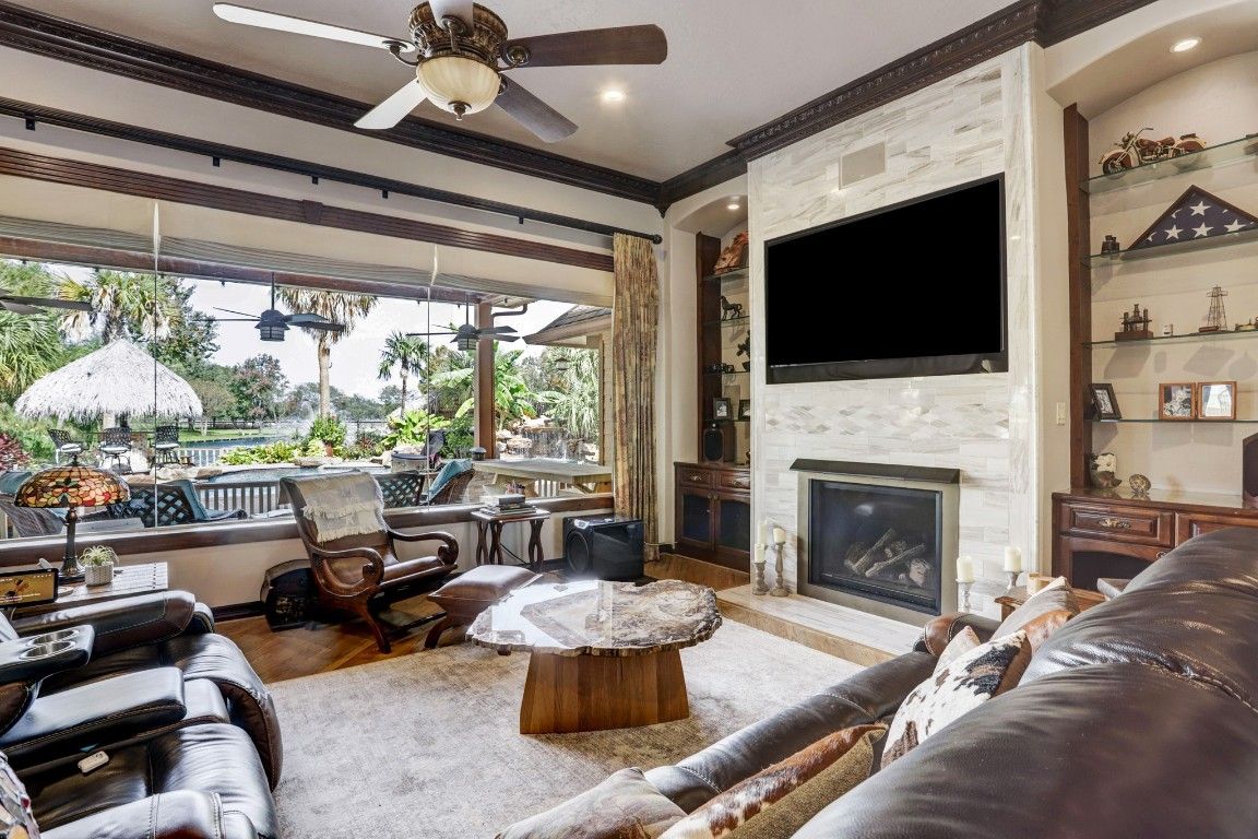 Fireplace, Interior, Living room, Recessed Lighting, Wood Texture Flooring