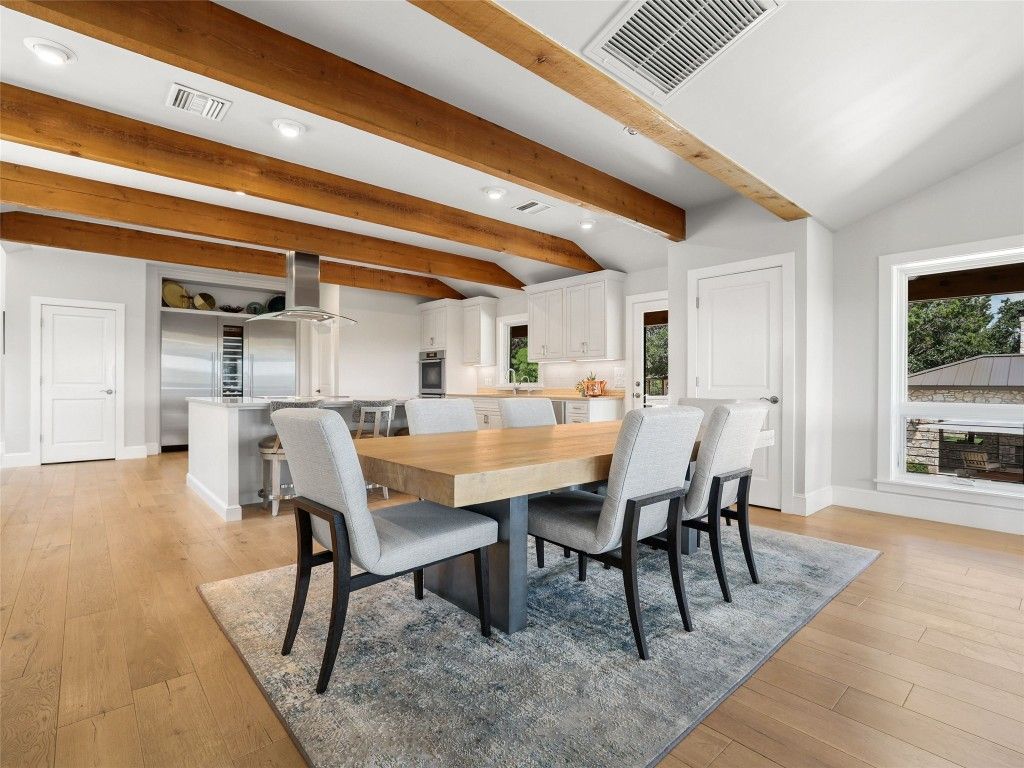 Dining room, Interior, Kitchen, Recessed Lighting, Stainless Steel Appliances, Wooden Beams, Wood Texture Flooring