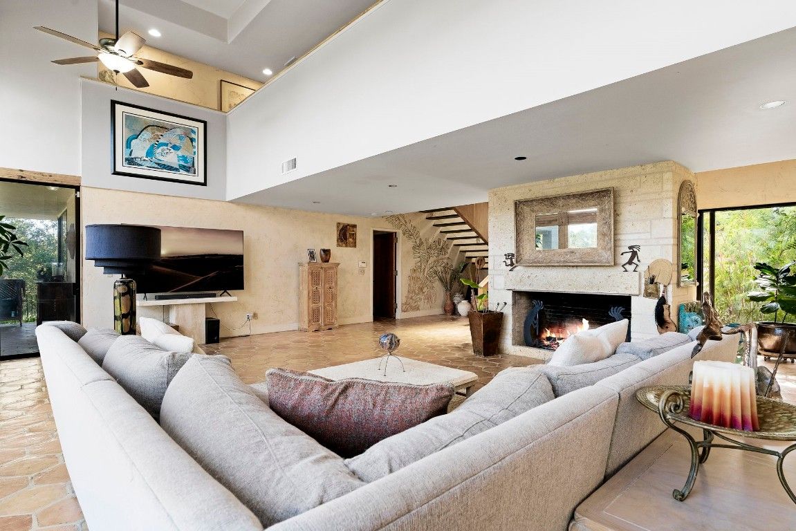 Fireplace, Interior, Living room, Recessed Lighting, Stone Walls