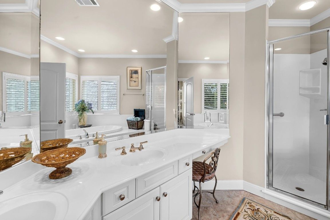 Bathroom, Dual Sink Vanities, Glass Shower, Interior, Recessed Lighting