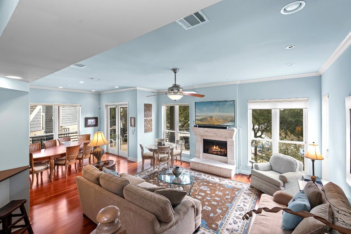 Dining room, Fireplace, Interior, Living room, Recessed Lighting, Wood Texture Flooring