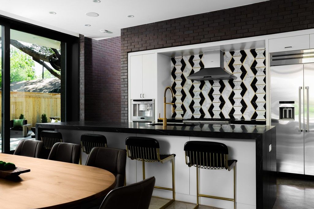 Interior, Kitchen, Recessed Lighting, Stainless Steel Appliances, Stone Walls