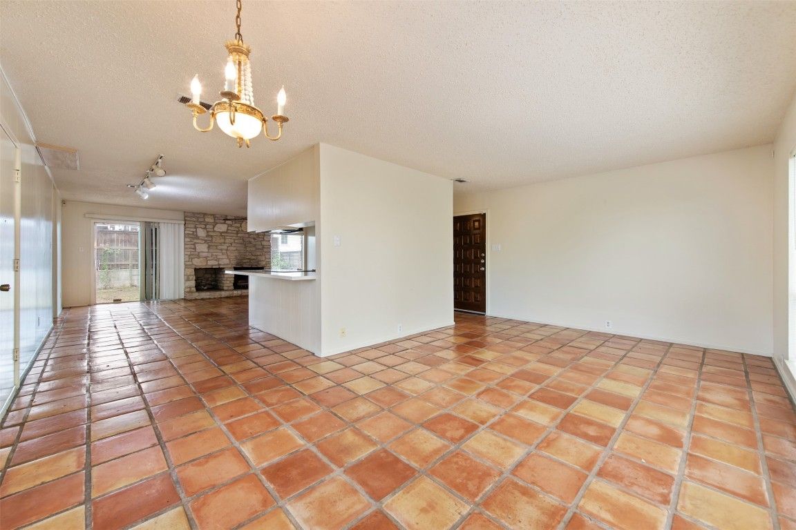 Chandelier, Empty room, Fireplace, Interior, Stone Walls