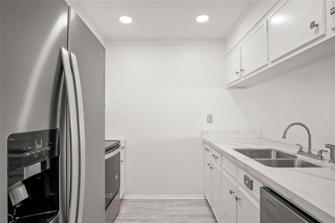 Interior, Kitchen, Recessed Lighting, Stainless Steel Appliances, Wood Texture Flooring