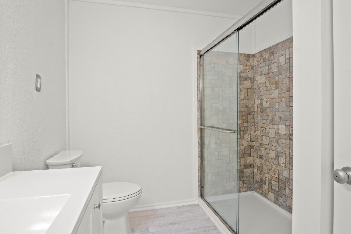 Bathroom, Glass Shower, Interior, Wood Texture Flooring