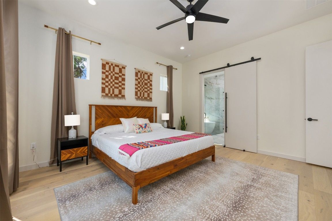 Bedroom, Interior, Recessed Lighting, Wood Texture Flooring