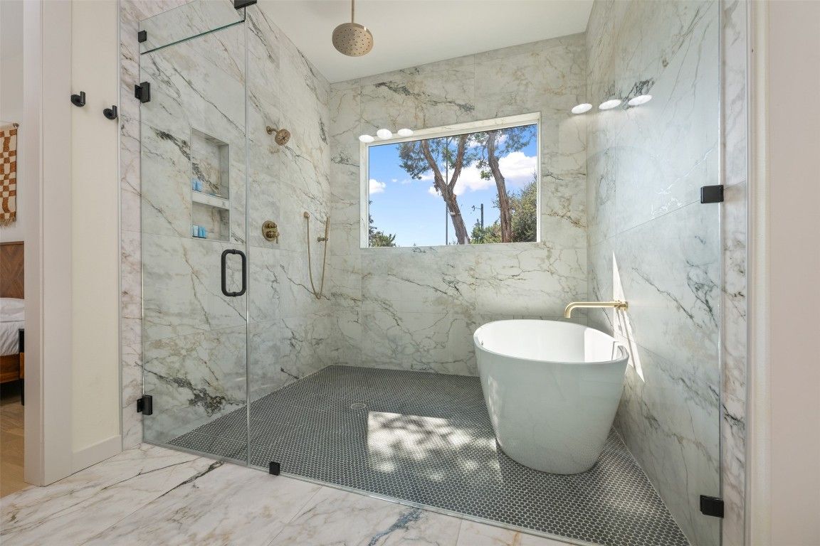 Bathroom, Free Standing Baths, Glass Shower, Interior, Marble, Marble Walls