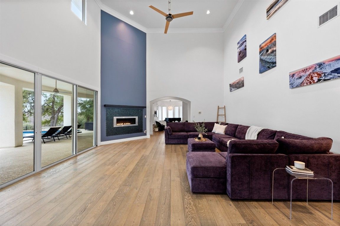 Fireplace, Interior, Living room, Recessed Lighting, Wood Texture Flooring