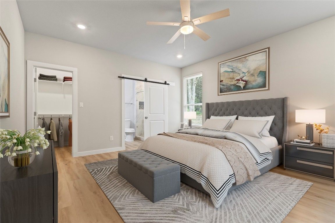 Bedroom, Interior, Recessed Lighting, Wood Texture Flooring