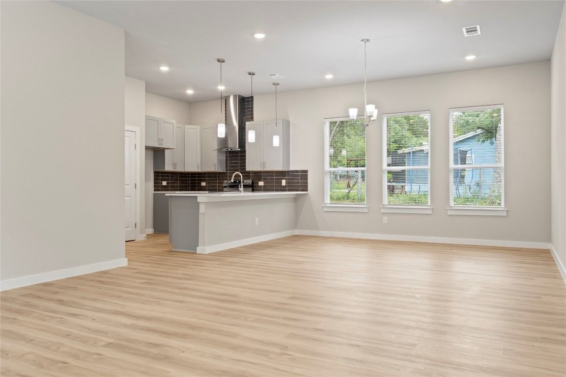 Empty room, Interior, Kitchen, Pendant Lights, Recessed Lighting, Wood Texture Flooring