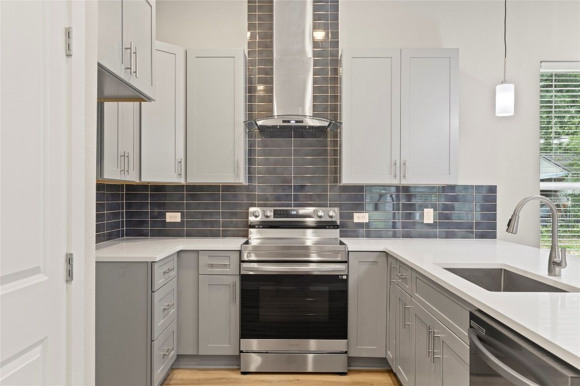 Interior, Kitchen, Pendant Lights, Stainless Steel Appliances, Wood Texture Flooring