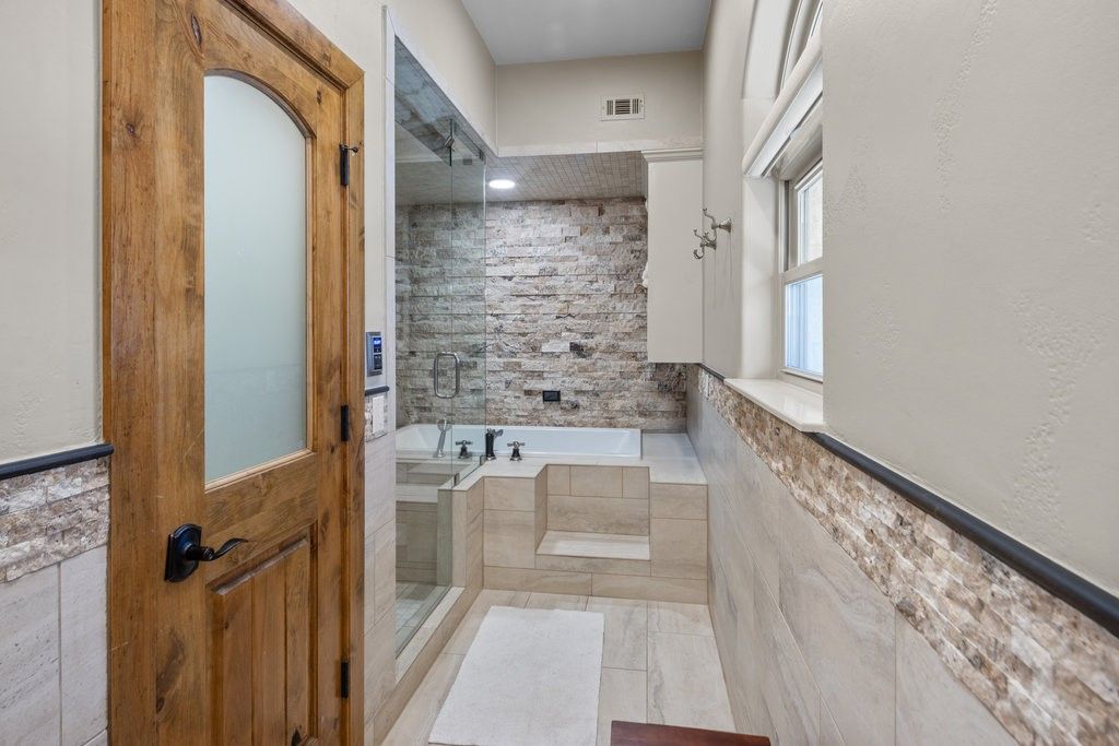 Bathroom, Glass Shower, Interior, Recessed Lighting, Stone Walls
