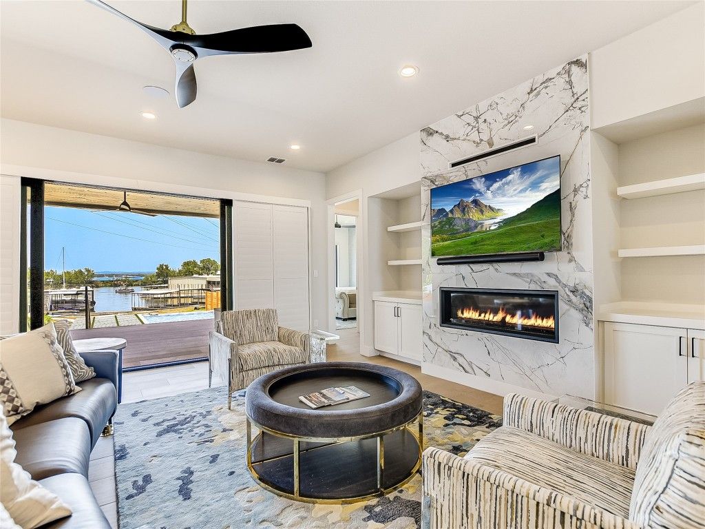Fireplace, Interior, Living room, Marble Walls, Recessed Lighting, Water