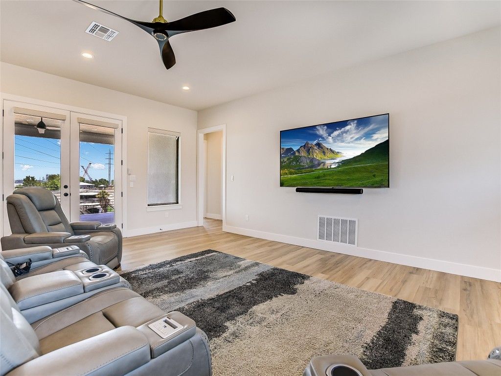 Home Theatre Room, Interior, Recessed Lighting, Wood Texture Flooring