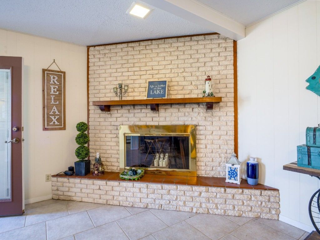 Fireplace, Interior, Recessed Lighting, Stone Walls