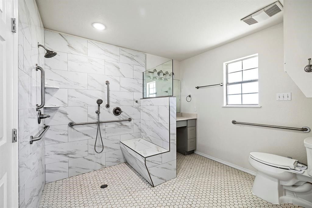 Bathroom, Glass Shower, Interior, Marble Walls, Recessed Lighting