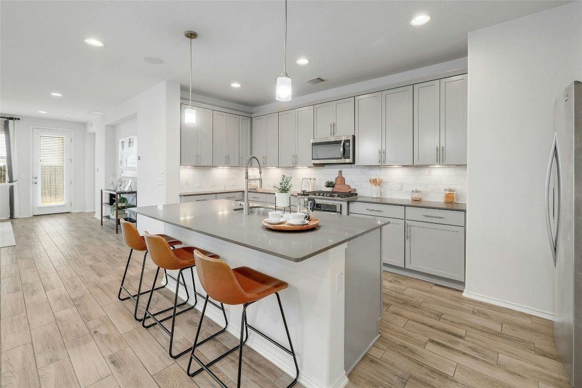Interior, Kitchen, Pendant Lights, Recessed Lighting, Wood Texture Flooring