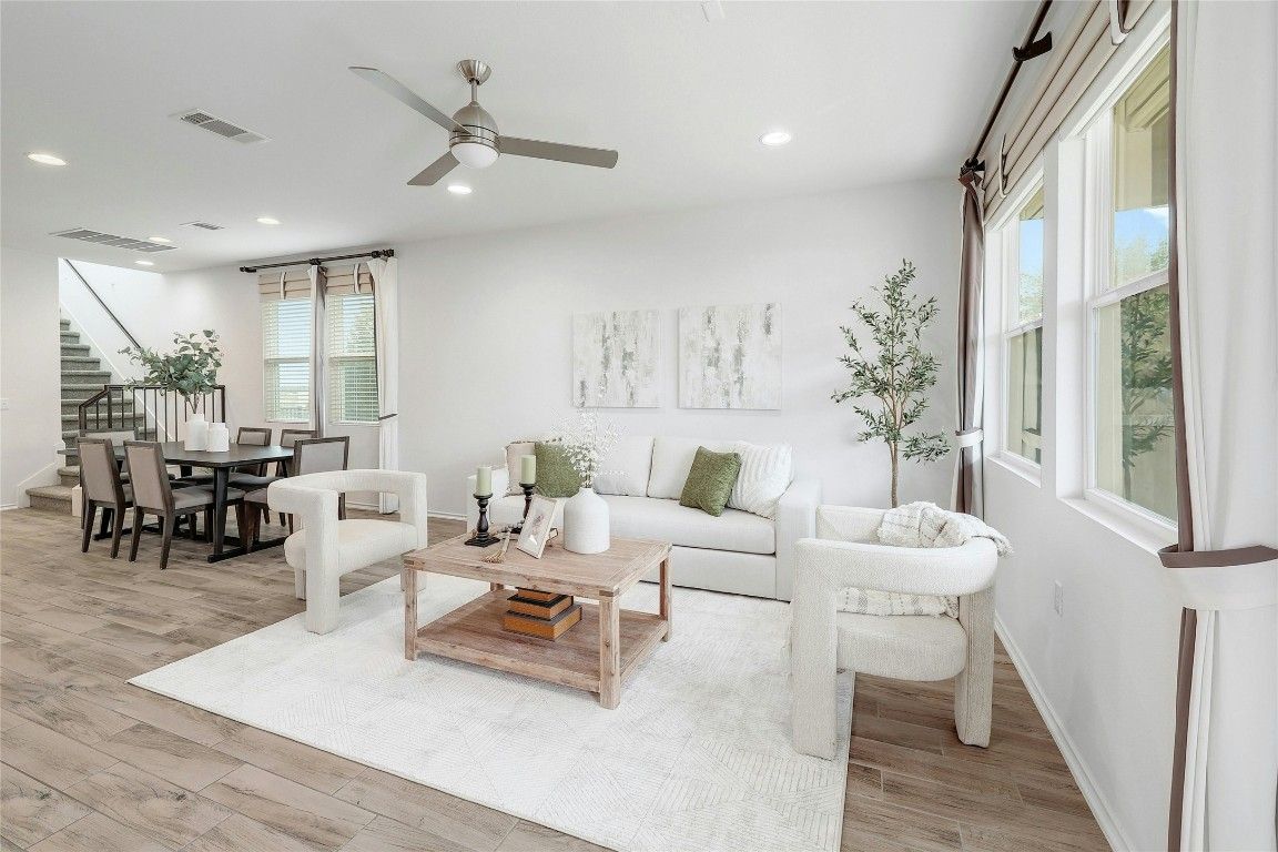 Dining room, Interior, Living room, Recessed Lighting, Wood Texture Flooring