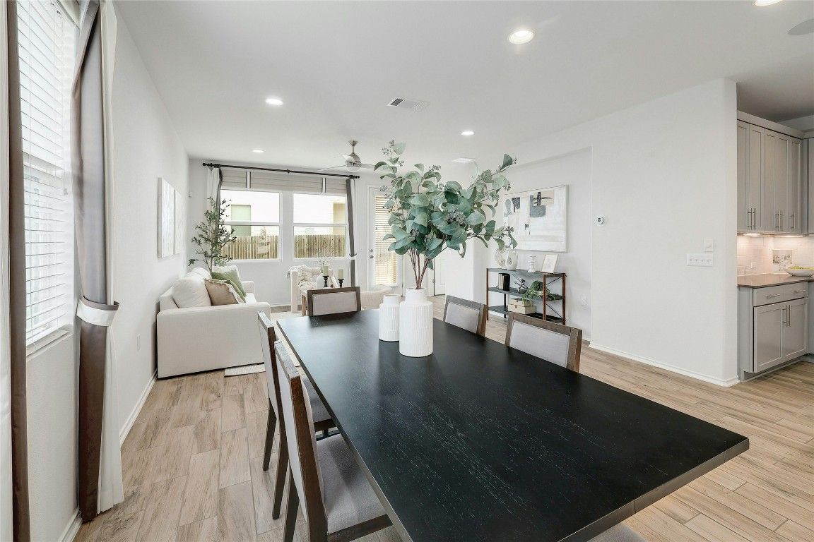 Dining room, Interior, Living room, Recessed Lighting, Wood Texture Flooring