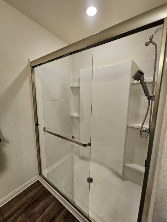 Bathroom, Glass Shower, Interior, Recessed Lighting, Wood Texture Flooring