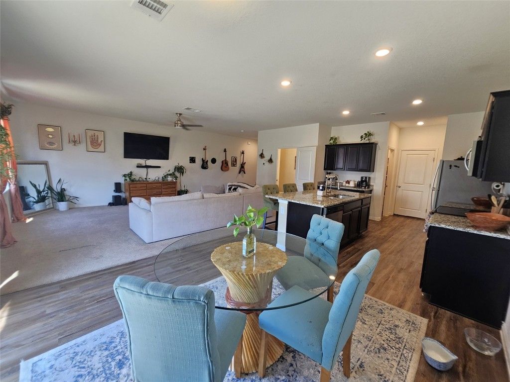 Dining room, Interior, Kitchen, Living room, Recessed Lighting, Wood Texture Flooring