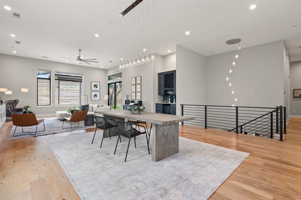 Dining room, Interior, Living room, Pendant Lights, Recessed Lighting, Wood Texture Flooring