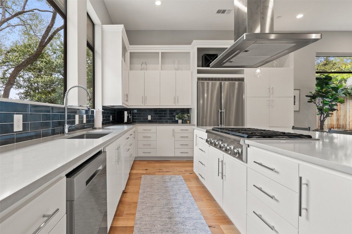 Interior, Kitchen, Recessed Lighting, Stainless Steel Appliances, Wood Texture Flooring