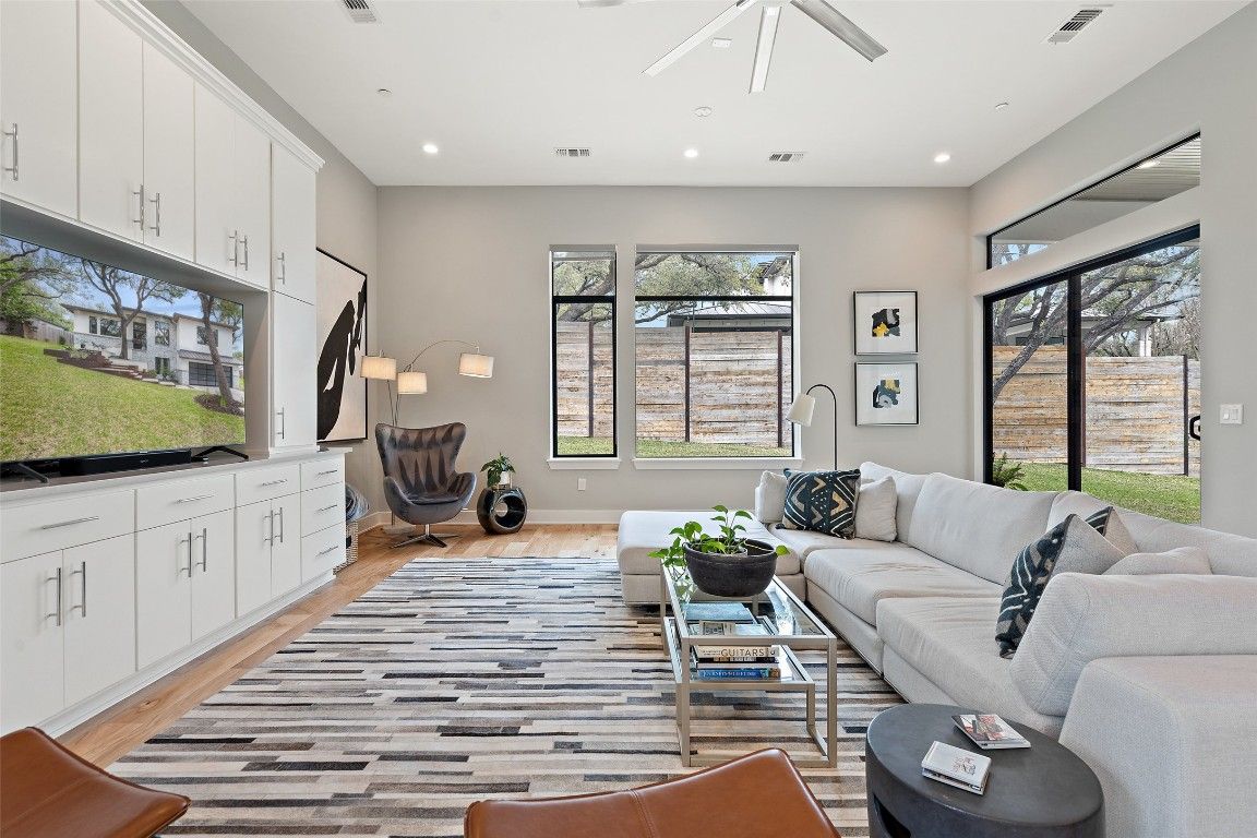 Interior, Living room, Recessed Lighting, Wood Texture Flooring
