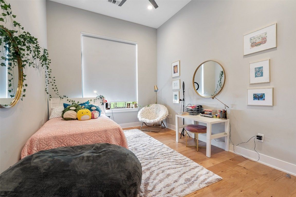 Bedroom, Interior, Recessed Lighting, Wood Texture Flooring