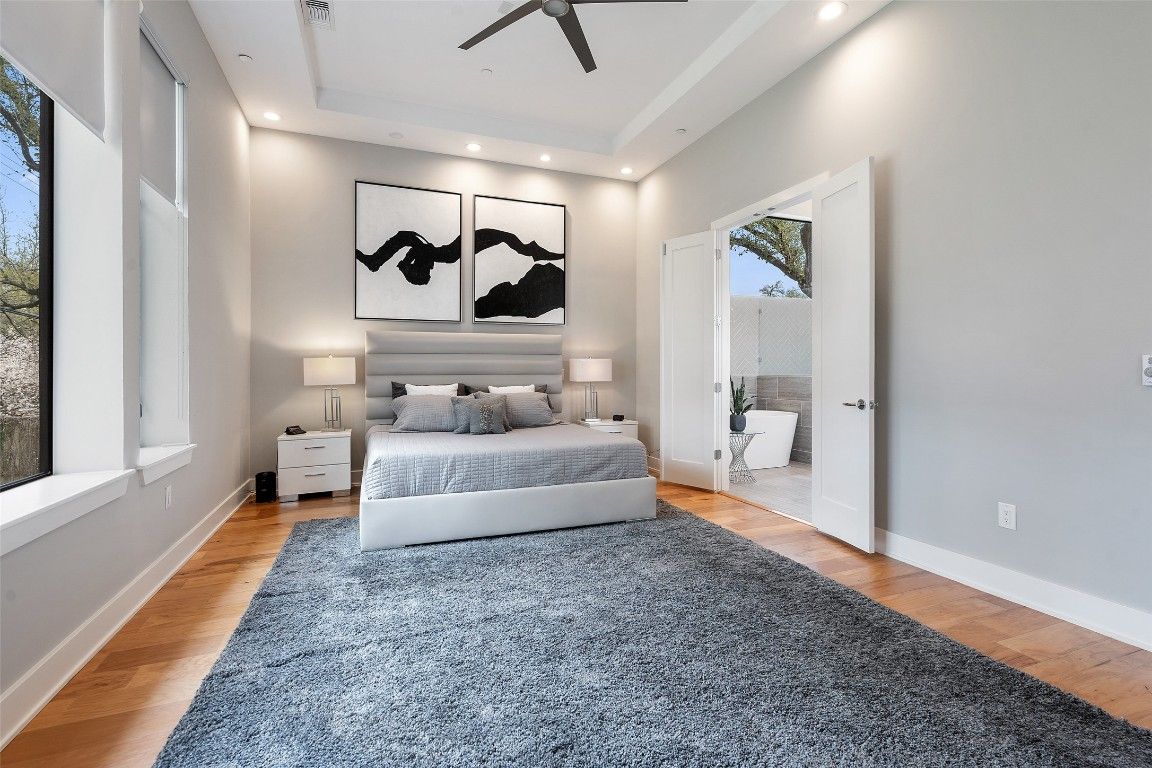 Bedroom, Interior, Recessed Lighting, Wood Texture Flooring