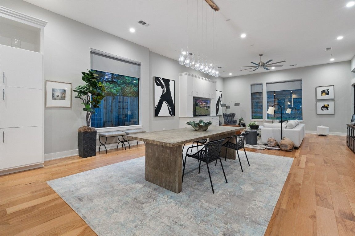 Dining room, Interior, Living room, Pendant Lights, Recessed Lighting, Wood Texture Flooring