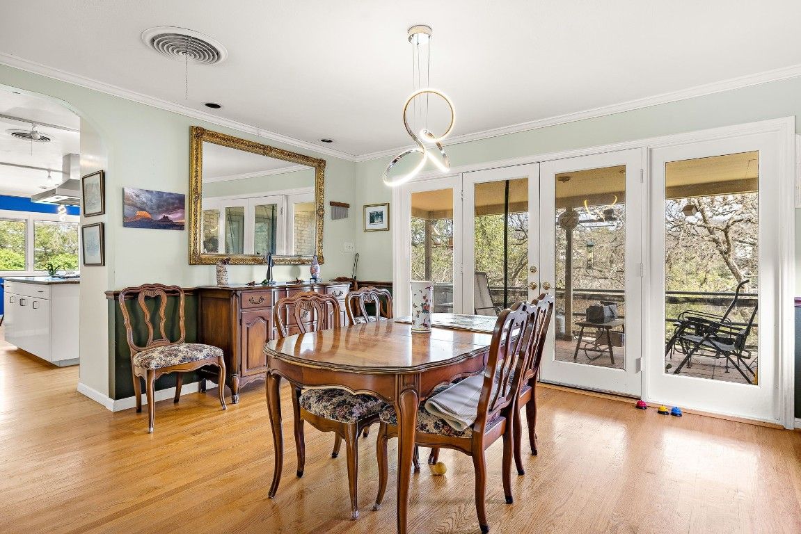 Dining room, Interior, Pendant Lights, Wood Texture Flooring