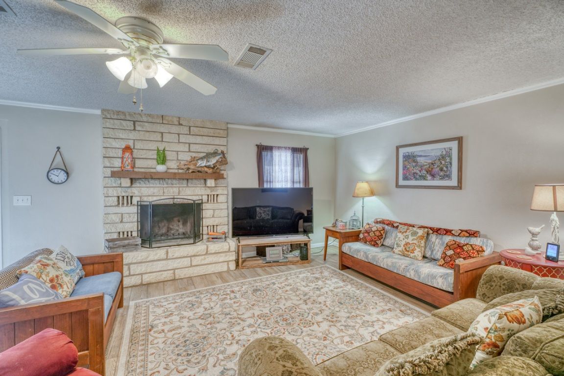 Fireplace, Interior, Living room, Stone Walls, Wood Texture Flooring