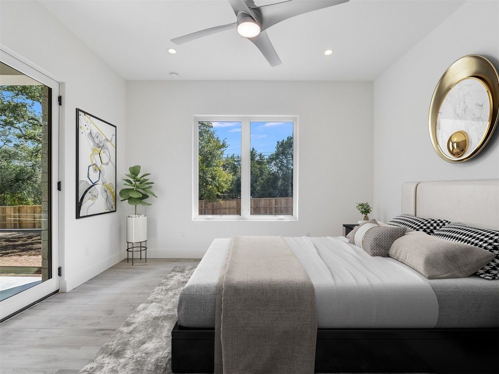 Bedroom, Interior, Recessed Lighting, Wood Texture Flooring