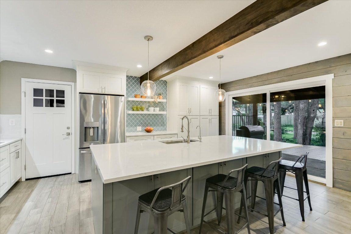 Interior, Kitchen, Pendant Lights, Recessed Lighting, Stainless Steel Appliances, Wooden Beams, Wood Texture Flooring