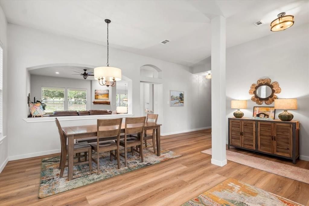 Dining room, Interior, Pendant Lights, Recessed Lighting, Wood Texture Flooring