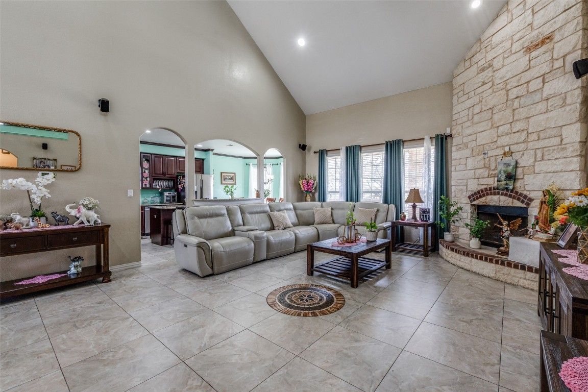 Fireplace, Interior, Living room, Recessed Lighting, Stone Walls