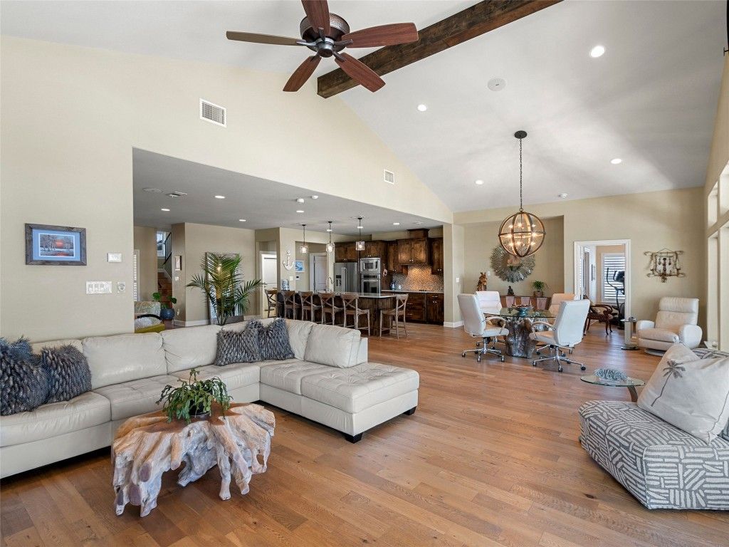 Dining room, Interior, Kitchen, Living room, Pendant Lights, Recessed Lighting, Stainless Steel Appliances, Wood Texture Flooring