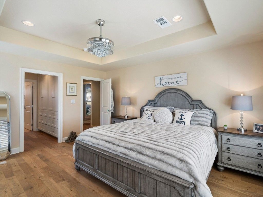 Bedroom, Chandelier, Interior, Recessed Lighting, Wood Texture Flooring