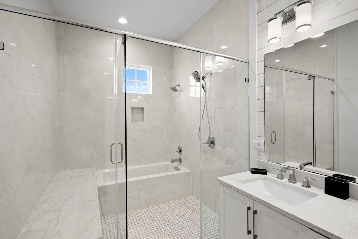 Bathroom, Glass Shower, Interior, Marble Walls, Recessed Lighting