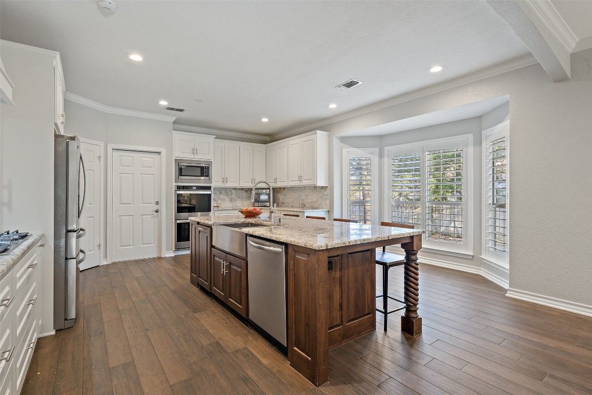 Interior, Kitchen, Recessed Lighting, Stainless Steel Appliances, Wood Texture Flooring