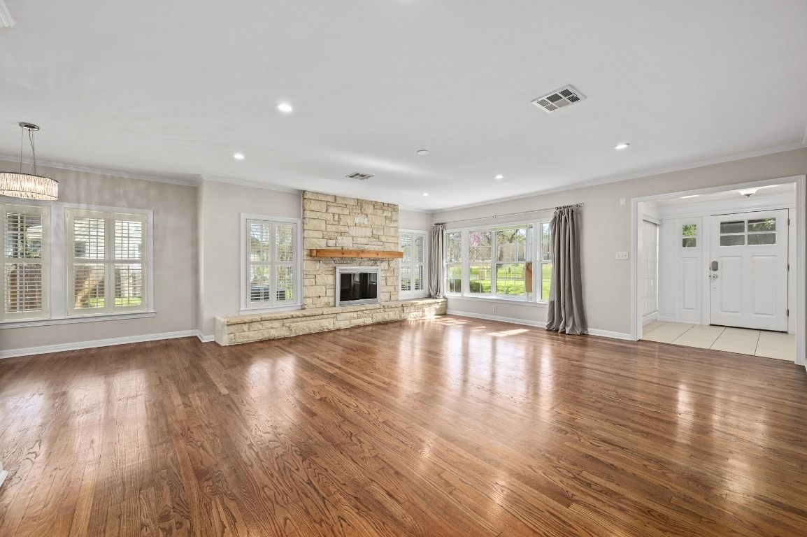 Empty room, Fireplace, Interior, Pendant Lights, Recessed Lighting, Wood Texture Flooring