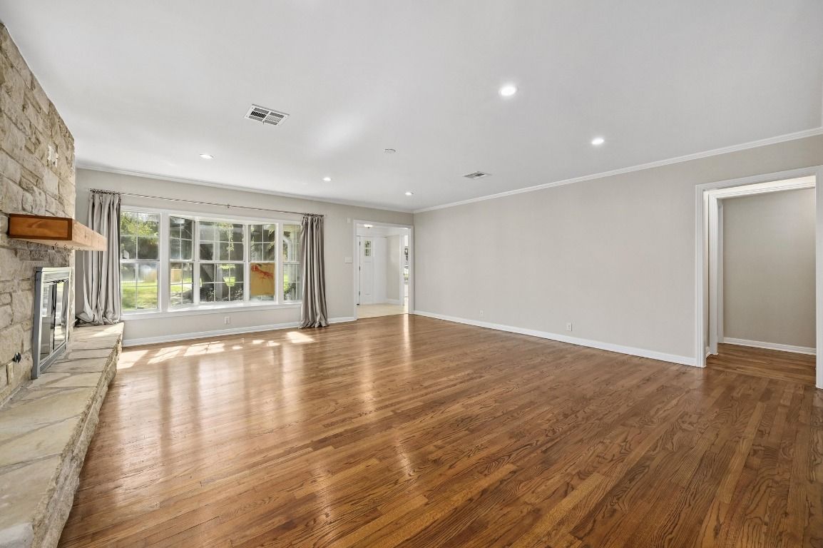 Empty room, Fireplace, Interior, Recessed Lighting, Wood Texture Flooring