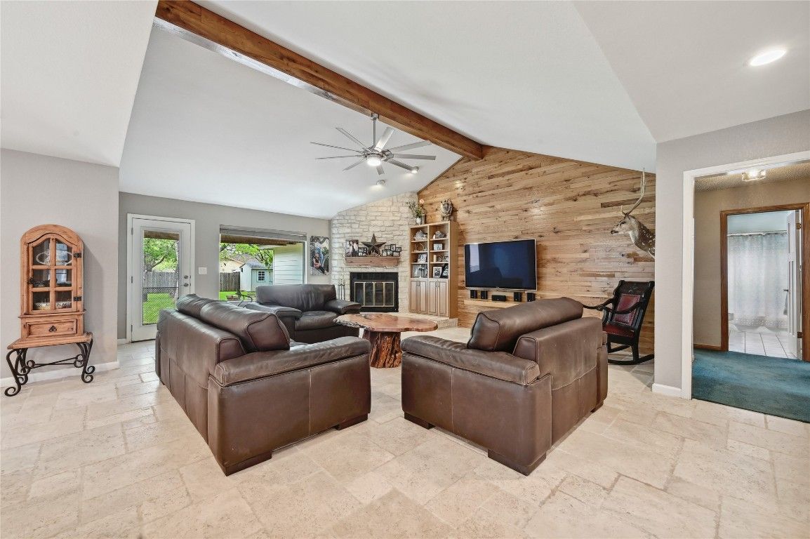 Fireplace, Interior, Living room, Recessed Lighting, Stone Walls, Wooden Walls