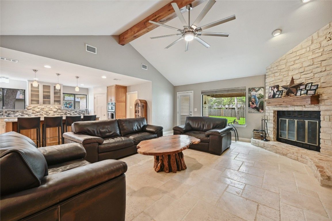 Fireplace, Interior, Kitchen, Living room, Pendant Lights, Recessed Lighting, Stone Walls, Wooden Beams