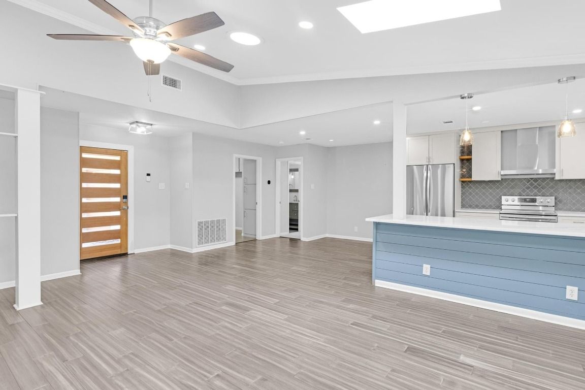Interior, Kitchen, Pendant Lights, Recessed Lighting, Stainless Steel Appliances, Wood Texture Flooring