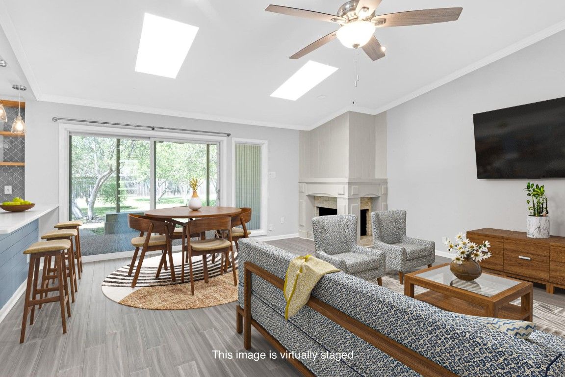Dining room, Fireplace, Interior, Living room, Wood Texture Flooring