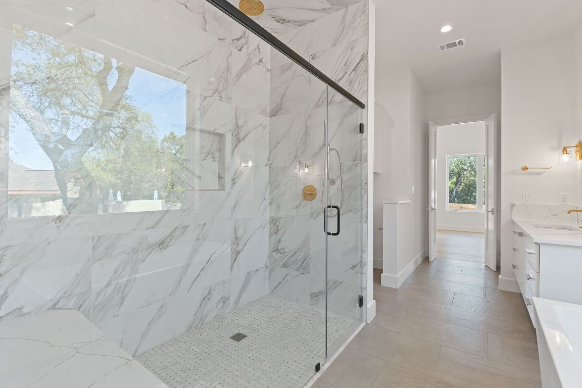 Bathroom, Glass Shower, Interior, Marble Walls, Recessed Lighting