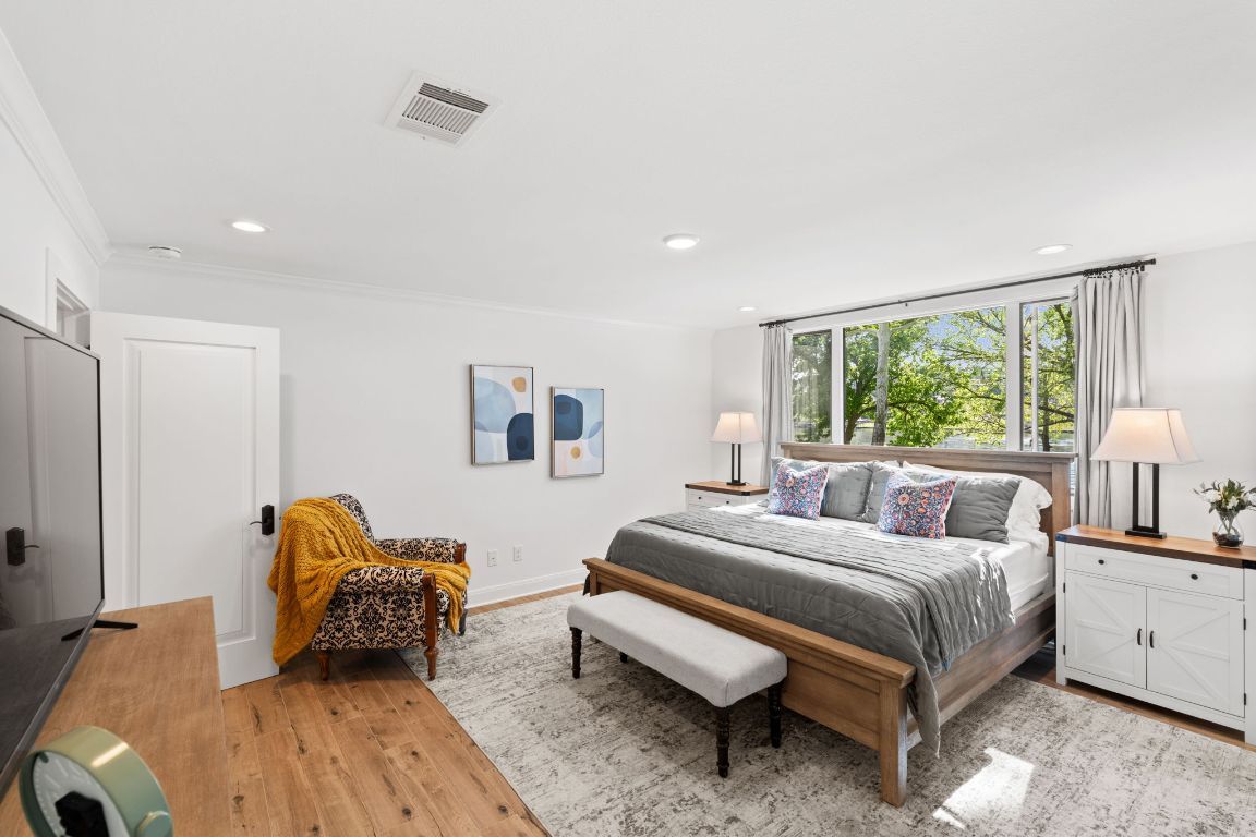Bedroom, Interior, Recessed Lighting, Wood Texture Flooring